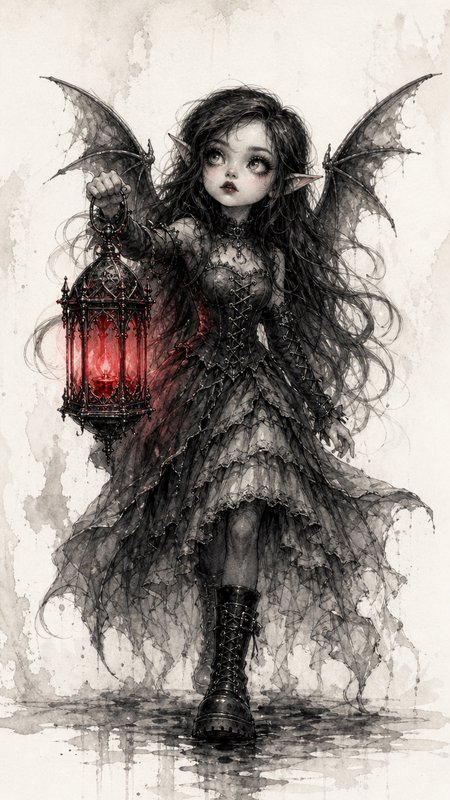 Ink watercolor illustration of a gothic dark fae elf with bat wings holding a glowing red ornate lantern