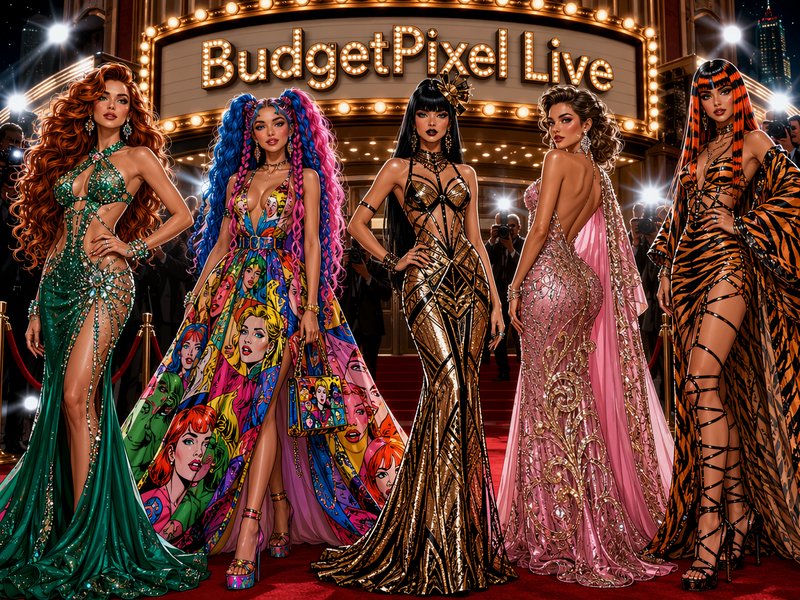 Five glamorous models in elaborate couture gowns pose on a red carpet beneath a lit "BudgetPixel Live" theater marquee.