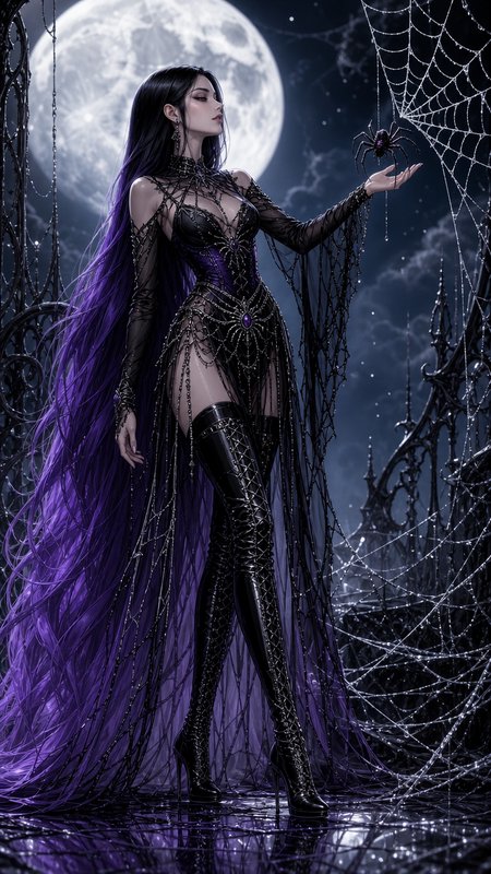 Gothic spider queen with long purple hair holds a black spider beside dewy spiderwebs under a bright full moon.