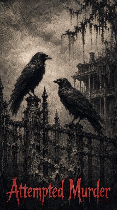 Two black ravens perch on an overgrown iron fence, haunted mansion backdrop, with dripping red "Attempted Murder"