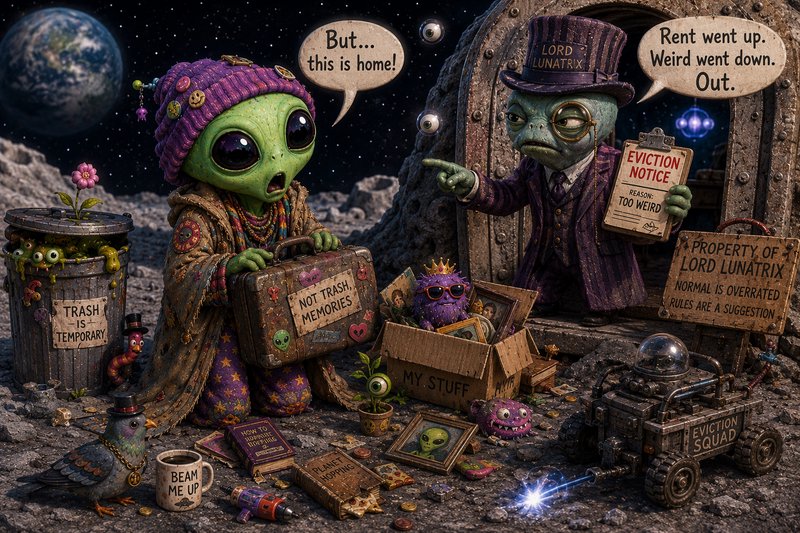 Whimsical 3D illustration of a distressed alien tenant being evicted from a lunar home by a grumpy alien landlord