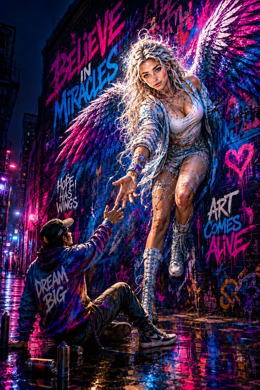 A glowing winged street art angel reaches for a seated artist in a neon-lit rainy city alley covered in motivational graff...