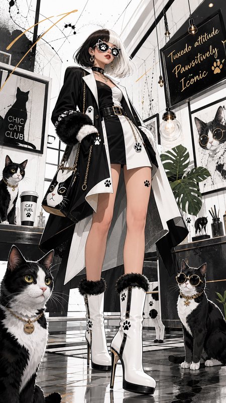 Stylish anime woman in cat-themed monochrome fashion stands with tuxedo cats in a chic modern cat lounge interior.