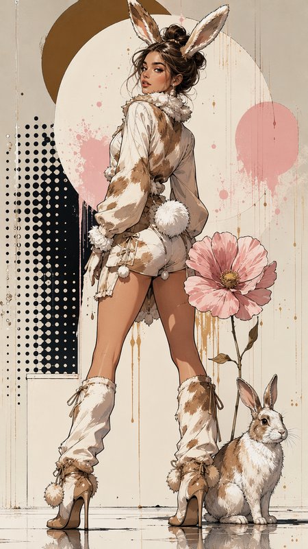 Stylized illustration of a bunny-costumed fantasy woman standing beside a matching rabbit and large pink flower