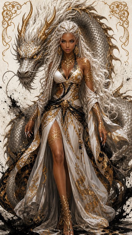 Regal fantasy dragon queen with long white braided hair stands with her ornate silver and gold eastern dragon companion