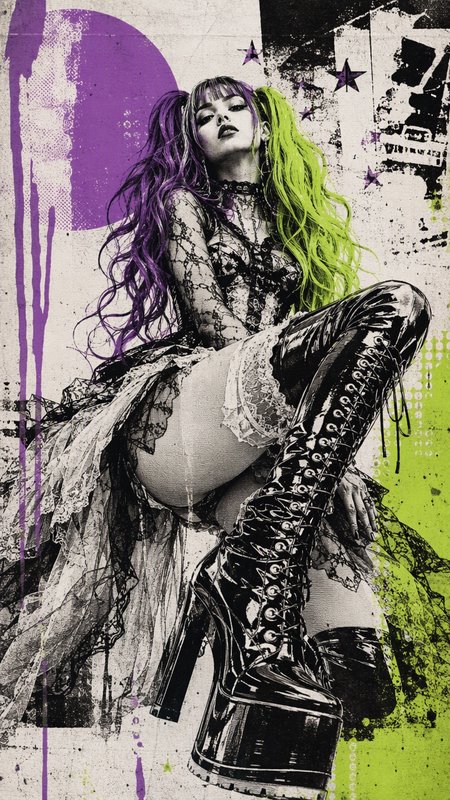 Grunge illustration of alternative goth woman with split purple-green pigtails, lace dress, and platform boots on