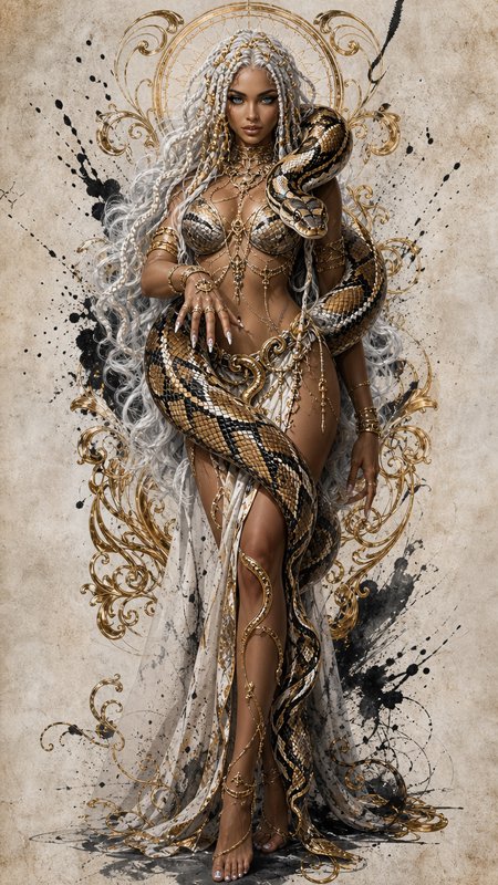 Mystical serpent goddess with platinum braided hair, gold regalia, and large coiled python against an ornate parchment
