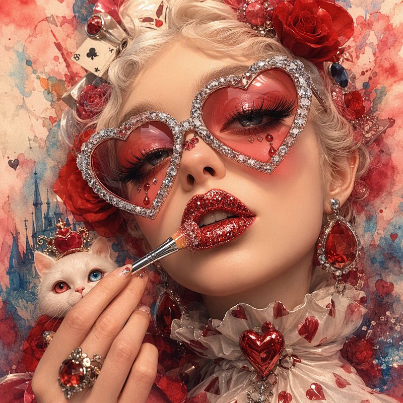 Close-up fantasy Queen of Hearts portrait with crystal heart sunglasses, glitter lips, tiny crowned white cat, and rose