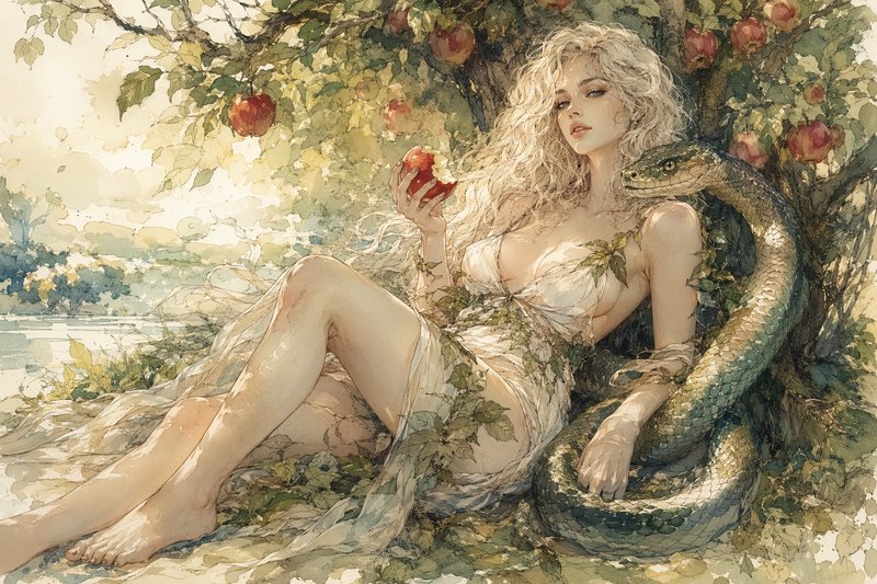 Watercolor illustration of Eve holding a bitten forbidden apple, reclining with a serpent under a fruiting Garden of