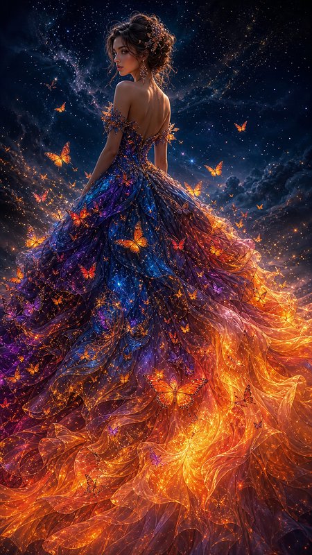 Back view of a fantasy woman in a shimmering gradient ball gown, surrounded by glowing butterflies under a starry