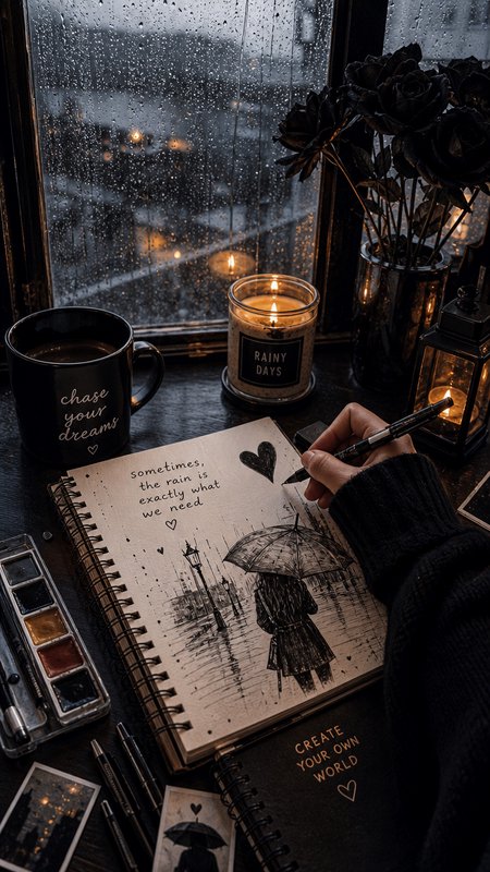 Hand sketching in a rainy-themed journal on a cozy windowsill, beside lit candles, coffee, and a rain-streaked window.