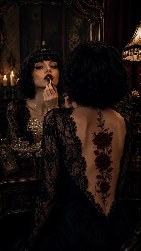 [Woman with vertical rose spine tattoo applies dark lipstick at an ornate gothic vanity, reflected in a gilded antique mir...