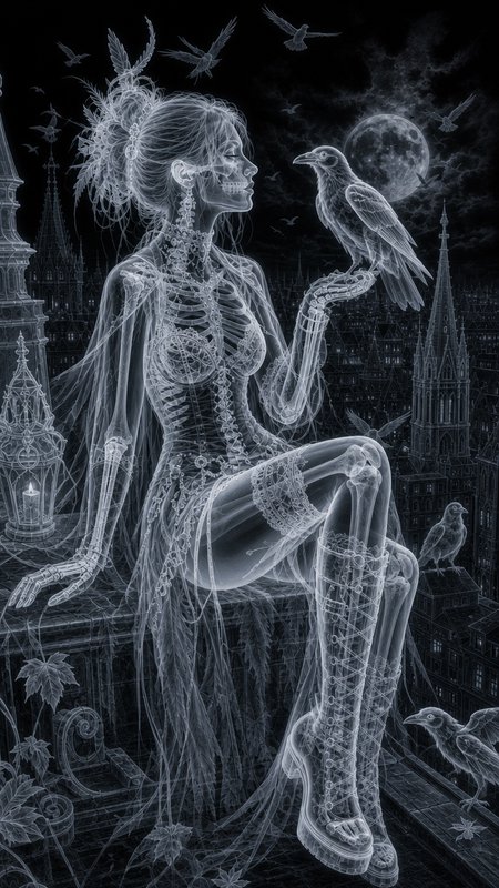 Translucent x-ray art of elegant skeletal woman holding a raven, seated on a gothic rooftop under a full moon night sky