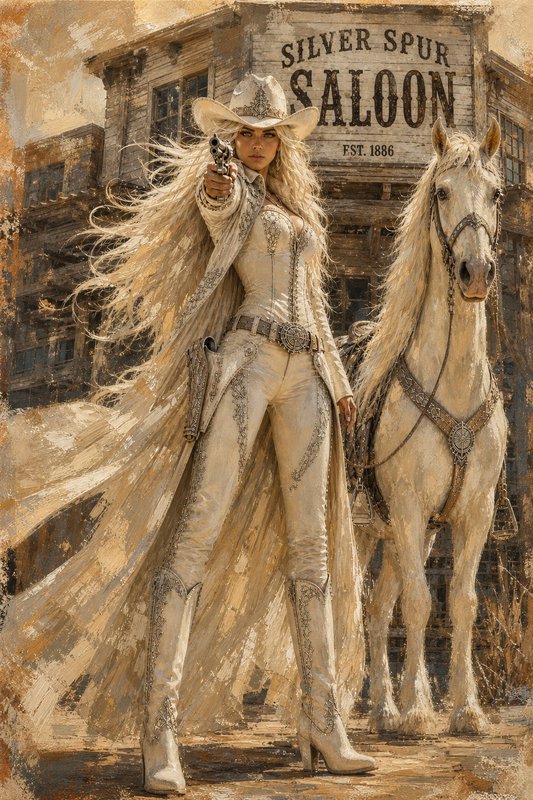 Painterly fantasy western art of blonde cowgirl in ornate ivory wear pointing a revolver, standing beside a white horse