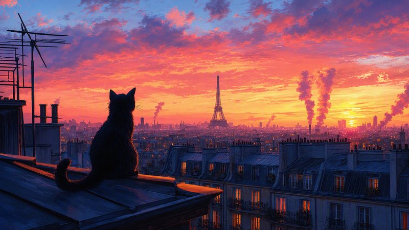 Silhouette of a fluffy black cat perched on a Paris rooftop, overlooking the Eiffel Tower during a vivid pink and