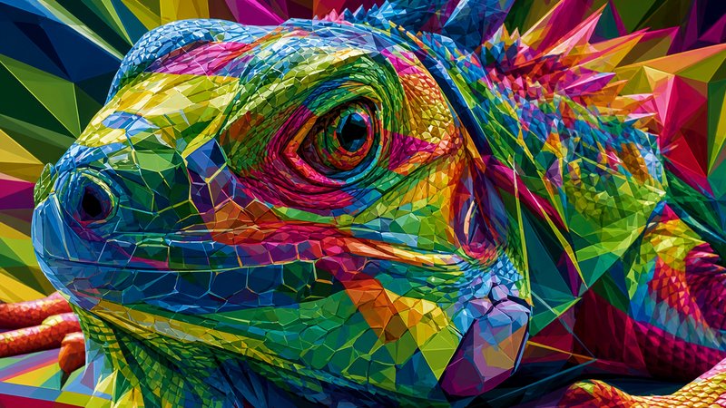 Close-up low-poly geometric portrait of a vibrantly rainbow-colored iguana lizard, rendered with sharp angular polygonal