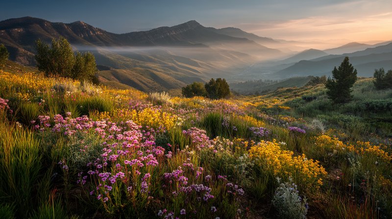 [Vibrant alpine wildflower meadow at golden sunrise, with wispy mist drifting over distant layered mountain ranges]