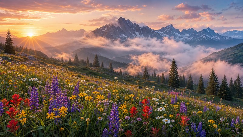 [Sunrise over vibrant alpine wildflower meadow, with snow-capped rocky peaks, misty valleys, and evergreen pine trees]
