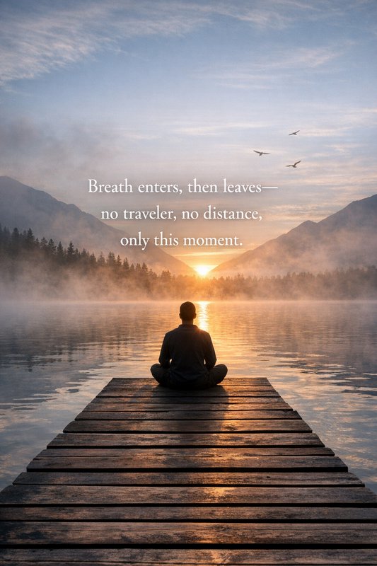 Silhouetted person meditating cross-legged on a lake dock at sunrise, with a mindfulness quote over misty mountain scenery.