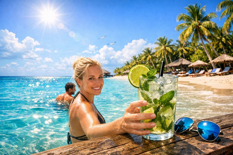 Smiling woman in turquoise ocean reaches for a fresh mojito at an overwater swim-up beach bar, sunny tropical resort backd...