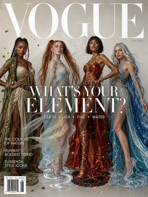 Vogue June 2024 magazine cover featuring four models styled as the earth, air, fire, and water natural elements in