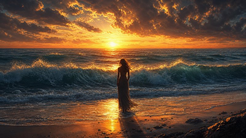 Silhouetted woman in a flowing dress stands on a beach facing crashing ocean waves under a dramatic glowing golden sunset.
