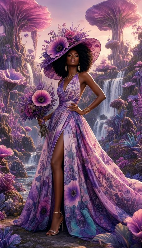 Poised elegant Black woman in floral purple gown and wide hat holds a bouquet in a surreal pastel fantasy landscape