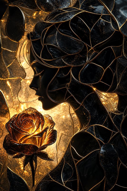 Stained glass artwork of a woman in profile beside a glowing golden rose, black panels outlined with gilded gold lines