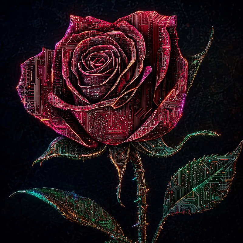 [Glowing futuristic cybernetic red rose constructed from circuit board traces against a dark moody background]