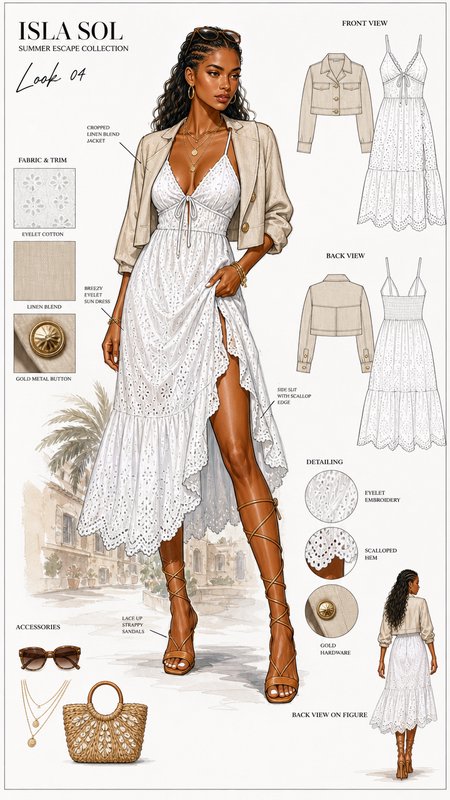 Isla Sol Summer Escape Collection fashion lookbook page featuring a model in a white eyelet dress + cropped linen jacket