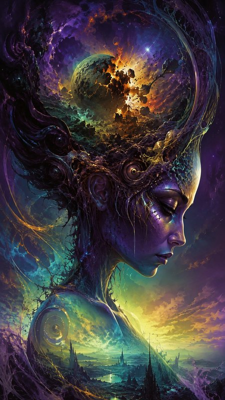 Surreal profile portrait of a cosmic goddess, with a universe of exploding planets and fantasy landscapes integrated