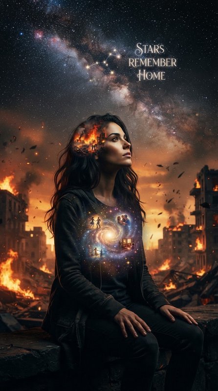 Surreal portrait of a woman in apocalyptic ruins, galaxy of memories in her chest, burning city overlay on her head, starr...
