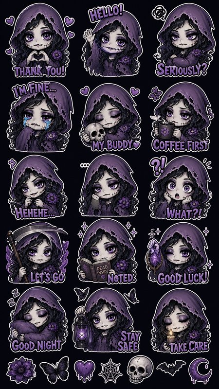 Cute chibi pastel goth hooded grim reaper girl sticker pack with conversational phrases and spooky decorative accents
