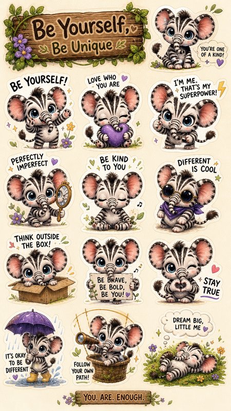 Whimsical sticker sheet of cute cartoon zebra-elephant hybrids paired with positive self-love affirmations on a floral