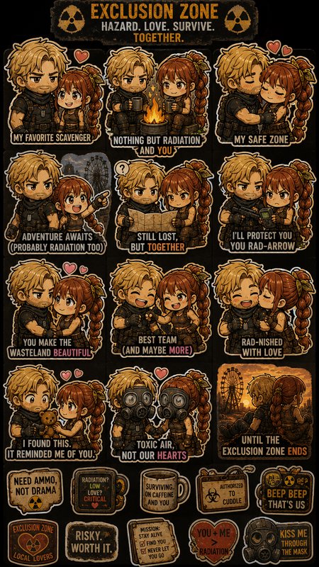 Cute chibi post-apocalyptic couple sticker pack with wasteland romance puns and survival themed designs