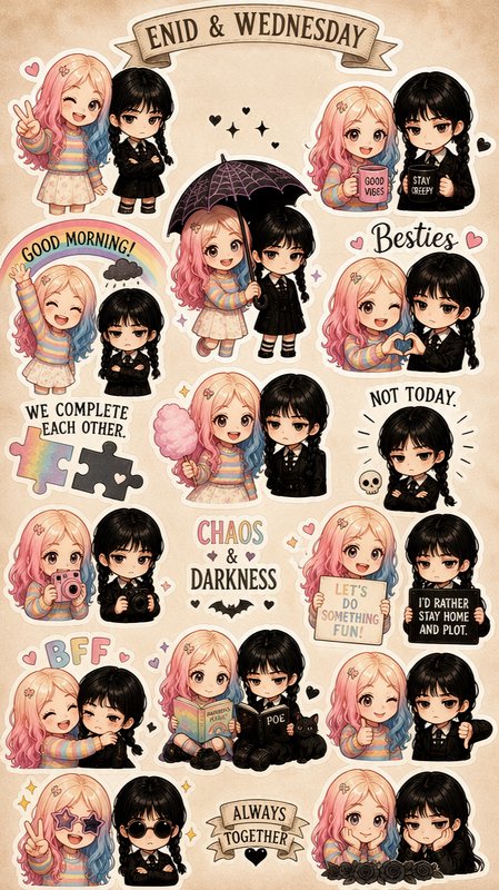 Chibi sticker sheet of best friends Enid Sinclair and Wednesday Addams in paired cute illustrations on a vintage beige