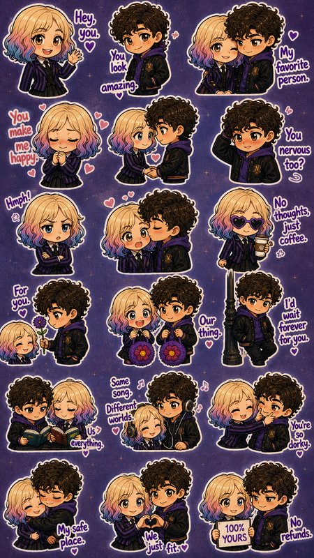 Chibi sticker sheet of a cute romantic fandom couple in matching purple uniforms, featuring sweet relationship dialogue