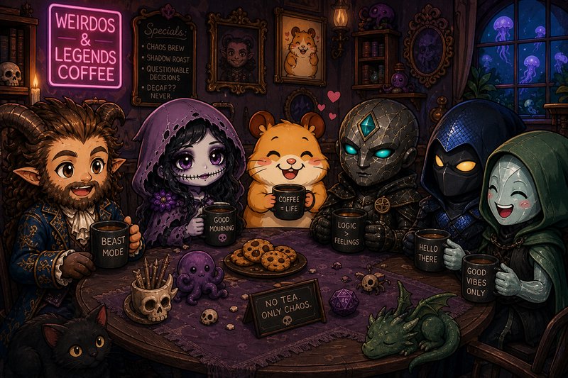 Chibi TTRPG character group enjoys coffee at a cozy goth "Weirdos & Legends" fantasy coffee shop