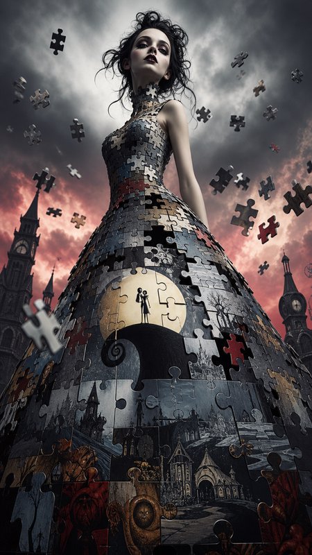 Low-angle surreal portrait of a gothic woman in a puzzle-piece gown, floating jigsaw pieces, stormy pink-gray sky and