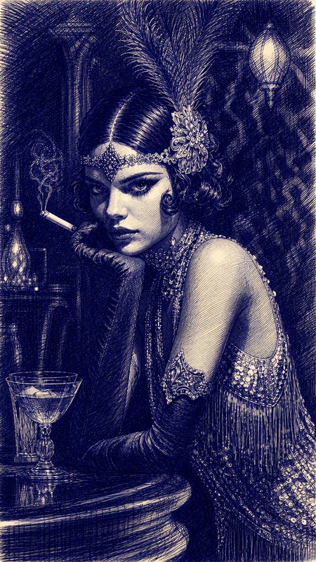 [Pen and ink illustration of a 1920s flapper leaning on a speakeasy bar, holding a cigarette with a cocktail glass beside ...