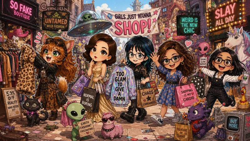 Whimsical chibi illustration of diverse girl friends shopping a surreal quirky city street with aliens, fun fashion