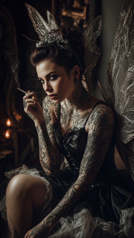 Tattooed goth fairy with crystal wings and silver tiara holds a cigarette in a dim candlelit room.