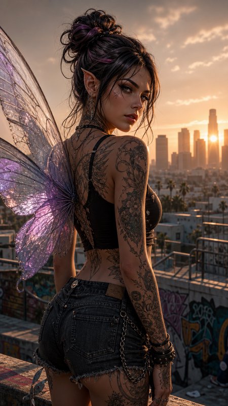 Tattooed modern fairy with iridescent purple wings poses on a graffiti rooftop overlooking a city skyline at golden hour s...