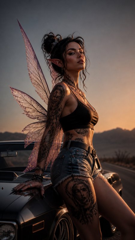 Tattooed elven fairy woman with translucent lavender wings leans on a vintage car during desert golden hour sunset.