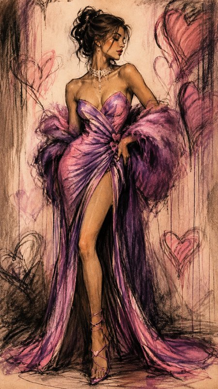 [Elegant fashion sketch of a glamorous woman in a flowing purple-pink strapless evening gown, with romantic heart motif ba...