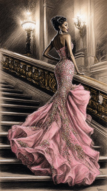 Hand drawn fashion sketch of elegant woman in pink beaded mermaid gown standing on gilded grand staircase.