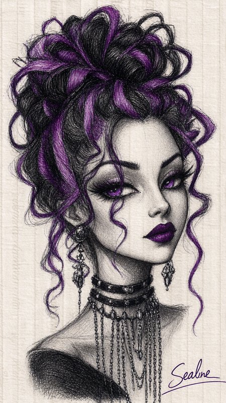 Hand drawn pencil portrait of a gothic woman with purple streaked curly hair, violet makeup, and chained chokers.