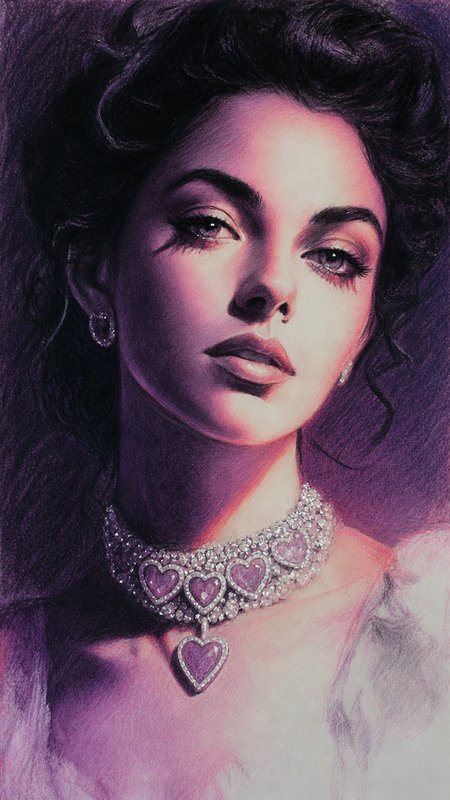 Colored pencil portrait of an elegant glamorous woman wearing an amethyst heart diamond choker, lit with soft moody purple...