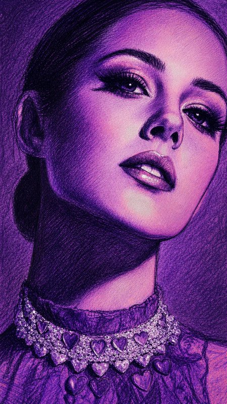 [Purple crosshatched pencil portrait of an elegant woman with a jeweled heart choker, soft dreamy upward gaze]