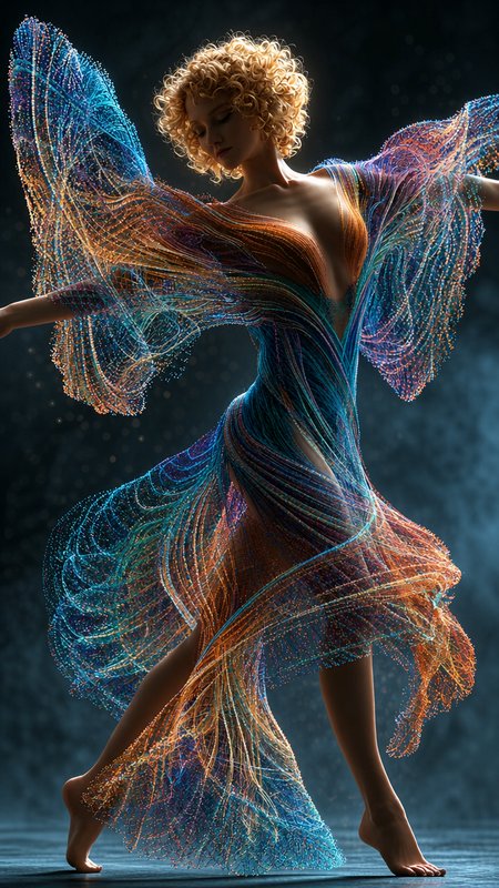 [Graceful female dancer mid-pose, wearing a flowing glowing multicolored wireframe gown, short curly blonde hair, dark atm...
